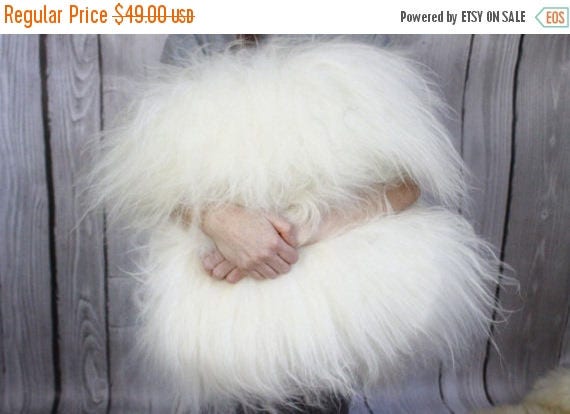 ON SALE Beautiful Natural Creamy White Real Sheepskin Decorative Cushion Both Side Fur Scandinavian Style
