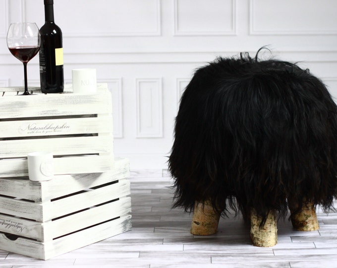ON SALE Luxury Beautiful Real SHAGGY Black Icelandic Sheepskin Stool, Chair, Pouf, Scandinavian Design