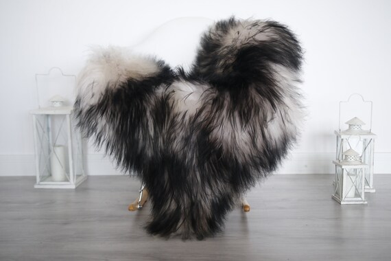 Real Icelandic Sheepskin Rug Pelt soft long fur Large Sheep Skin - Mouflon Black Chocolate Sheepskin Throw Black Tips Cover Scandinavian