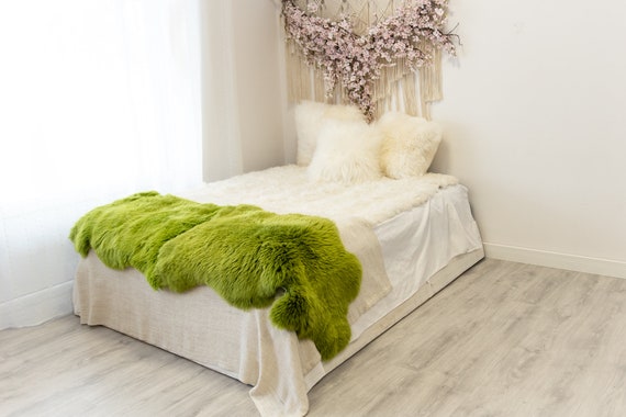 Double Green Merino Sheepskin Rug | Long rug | Shaggy Rug | Chair Cover | Area Rug | Green Rug | Carpet | Green Throw | Sheep Skin