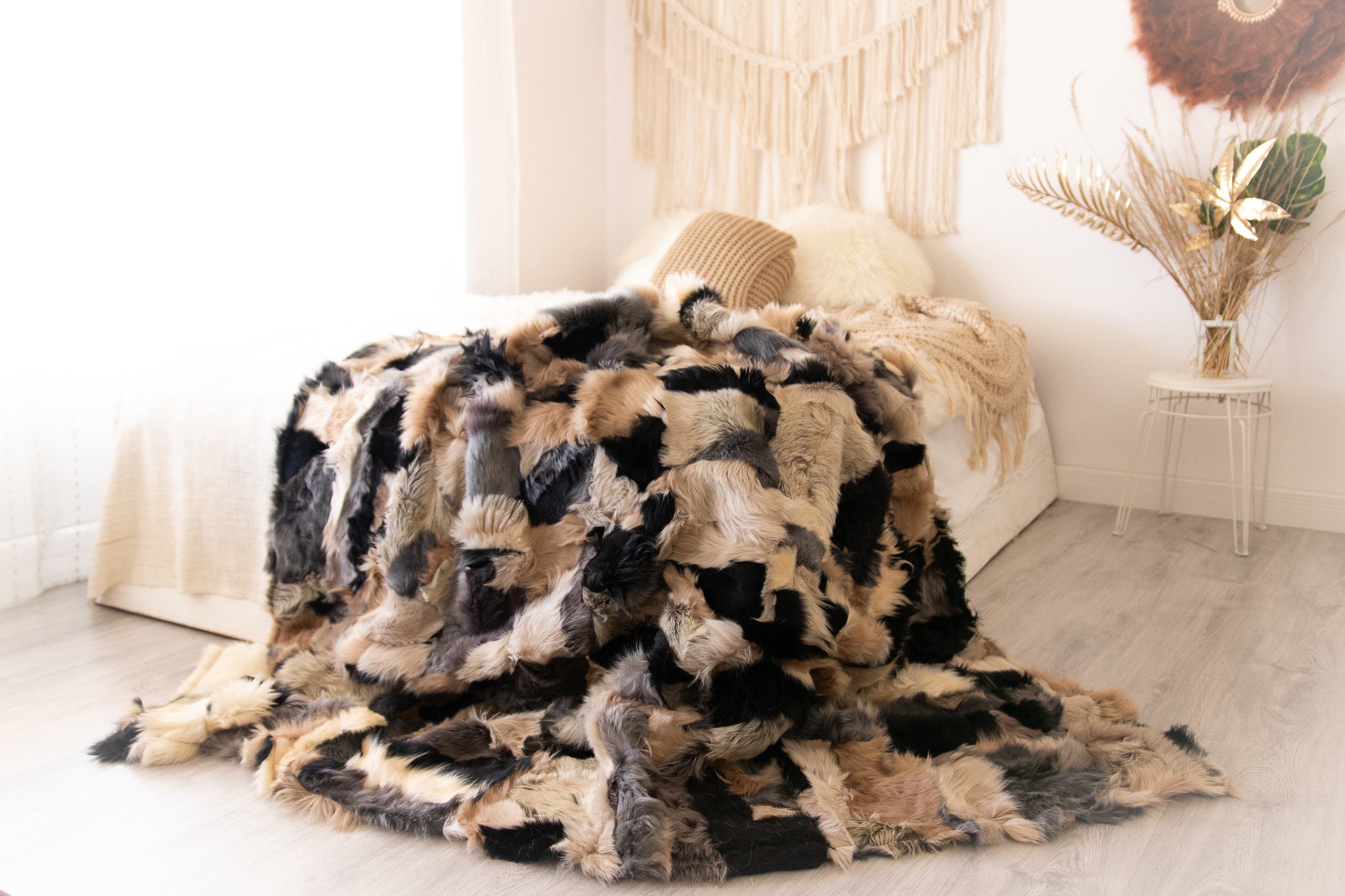 Luxurious Patchwork Toscana Sheepskin Real Fur Throw Real Fur Blanket