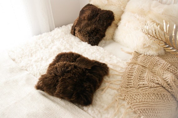 Sheepskin Fur Pillow, Real fur pillow, Brown fur pillow, Square sheepskin pillow, Brown pillow, scandinavian pillow, Both side fur