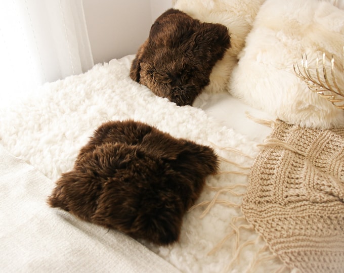 Sheepskin Fur Pillow, Real fur pillow, Brown fur pillow, Square sheepskin pillow, Brown pillow, scandinavian pillow, Both side fur