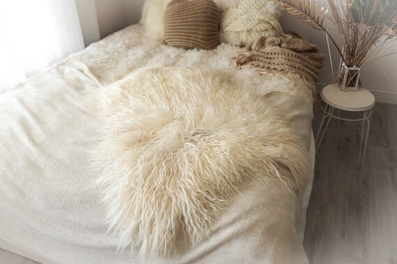 Real Sheepskin Rug Genuine Rare Mongolian Sheepskin Rus - Curly Fur Rug Scandinavian Sheep skin - Ivory White Curly Sheepskin #2Bohgot11
