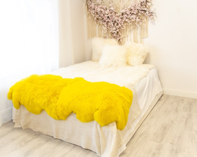 Double Yellow Merino Sheepskin Rug | Long rug | Shaggy Rug | Chair Cover | Area Rug | Yellow Rug | Carpet | Yellow Throw | Sheep Skin