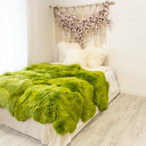 Genuine Natural Green Merino Sheepskin Rug, Pelt Giant Sheepskin Rug, Large Sheepskin Rug Sheepskin throw Green Sheep Skin Green Blanket