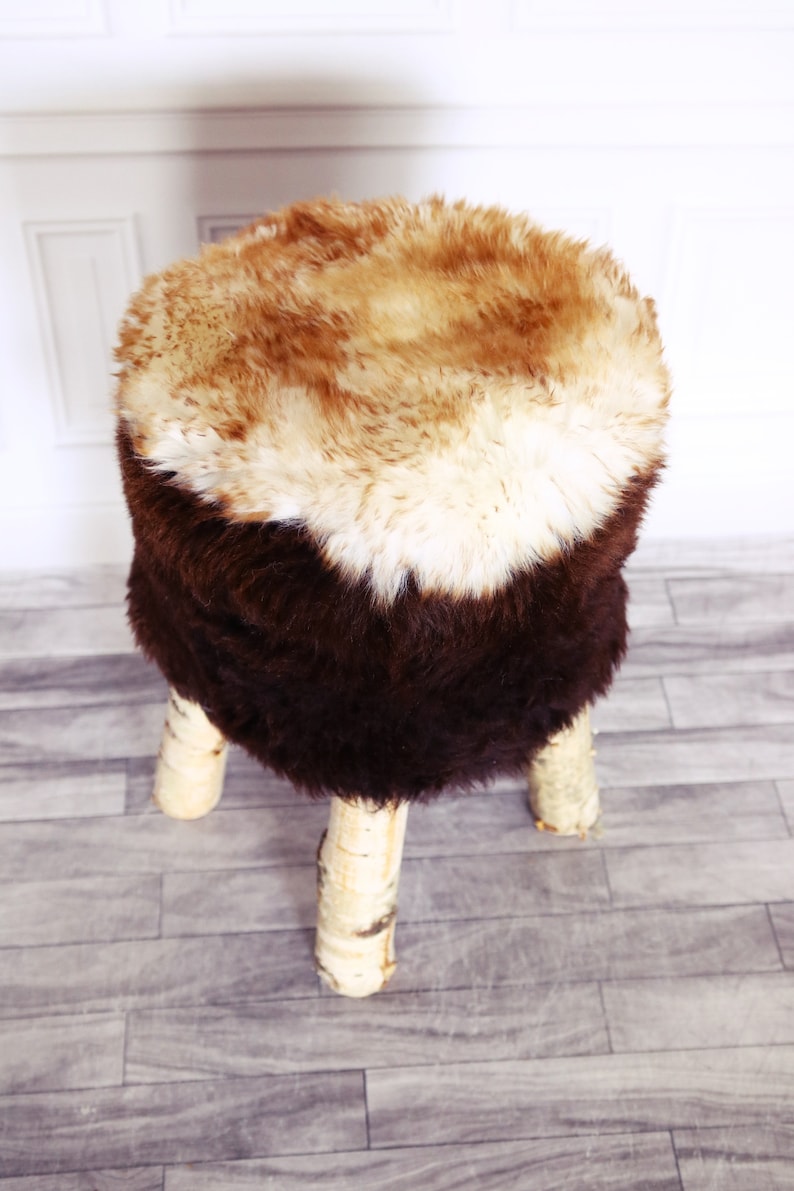 Sheepskin stool Brown stool Fur Stool Wood Stool Vanity Stool Birch tree stool Sheepskin pouf