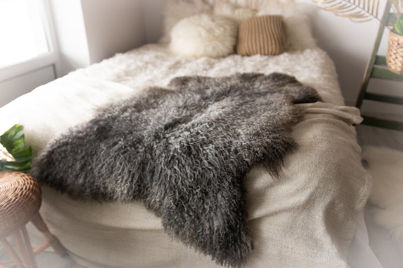 Real Sheepskin Rug Genuine Rare Gotland Sheepskin Rus - Curly Fur Rug Scandinavian Sheep skin - Gray Brown Sheepskin #Bohgot10