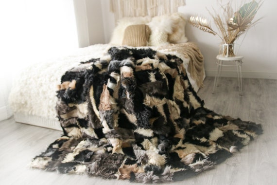 Luxurious Patchwork Toscana Sheepskin Real Fur Throw | Real Fur Blanket | Sheepskin throw | Boho Throw |2FU9