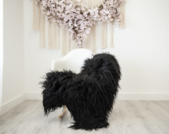 Alfombra de piel de oveja islandesa negra rizada, decoración escandinava, funda de sofá de piel de oveja, funda de silla, alfombras de piel de oveja natural