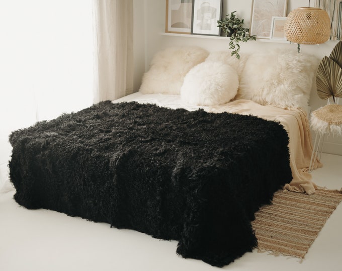Curly Luxurious Patchwork Toscana Sheepskin Rug Fur Throw | Real Fur Blanket | Sheepskin throw | Black Sheepskin Blanket Boho |FuFu373