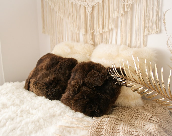 Sheepskin Fur Pillow, Real fur pillow, Brown fur pillow, Square sheepskin pillow, Brown pillow, scandinavian pillow, Both side fur