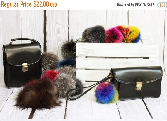 ON SALE Real fox fur pom pom Fur bag charm, fur pom pom keychain, fur ballkeyring purse pendant