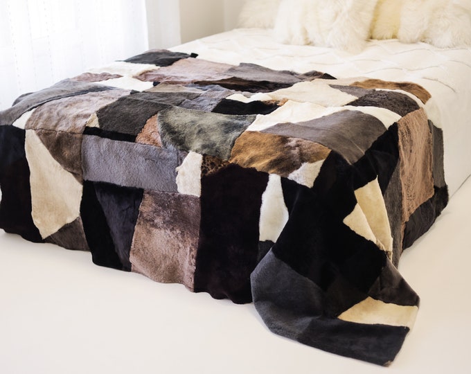 Luxurious Patchwork Toscana Sheepskin Real Fur Throw | Real Fur Blanket | Sheepskin throw | Sheepskin Blanket Boho |FuFu321