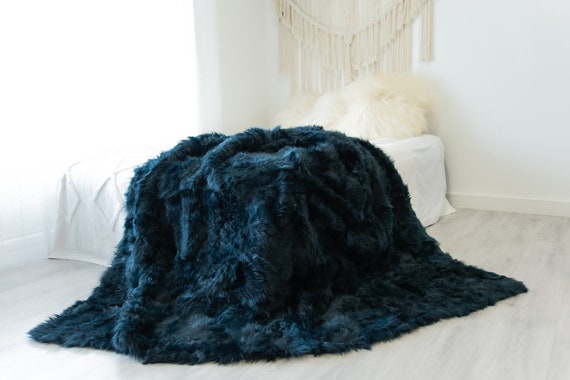 Luxurious Patchwork Toscana Sheepskin Real Fur Throw Real Fur Blanket | Sheepskin throw | Sheepskin Blanket Boho Throw Emerald #FuFu104