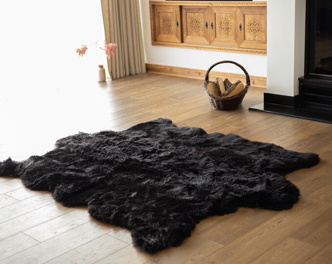 Bear Shape Real Fur Sheepskin Throw | Super Large | Sheepskin Rug | Boho Blanket | Merino Black Rug + Natural Black Pillow