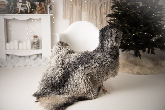 Real Sheepskin Rug Genuine Rare Gotland Sheepskin Rus - Curly Fur Rug Scandinavian Sheep skin - Curly Rug Gray Sheepskin #G80