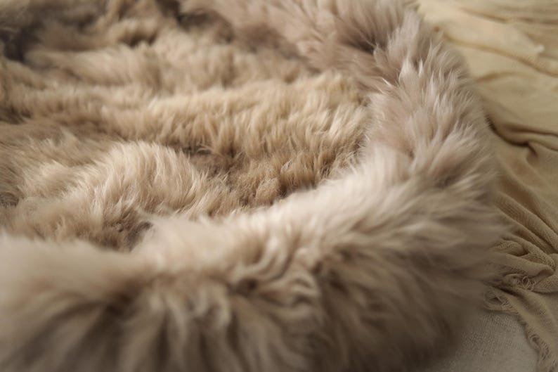 May include: Close-up of a soft, fluffy, light brown faux fur fabric. The fur has a dense, textured appearance with long, flowing fibres. The edges are slightly lighter in colour, creating a subtle contrast. The fabric appears to be a rug or throw.