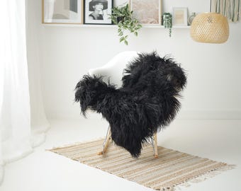 Alfombra de auténtica piel de oveja islandesa, decoración escandinava, funda para sofá, manta de piel de oveja, funda para silla, alfombras de piel de oveja natural rizada negra #IS85