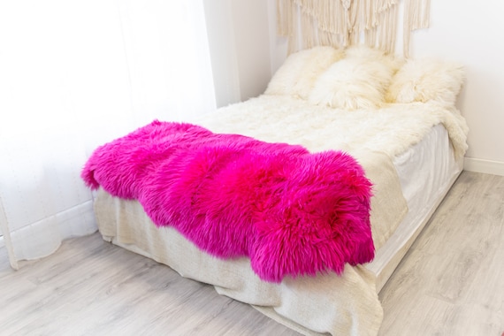 Double Pink Merino Sheepskin Rug | Long rug | Shaggy Rug | Chair Cover | Area Rug | Pink Rug | Carpet | Red Sheep skin Merino Pink Throw