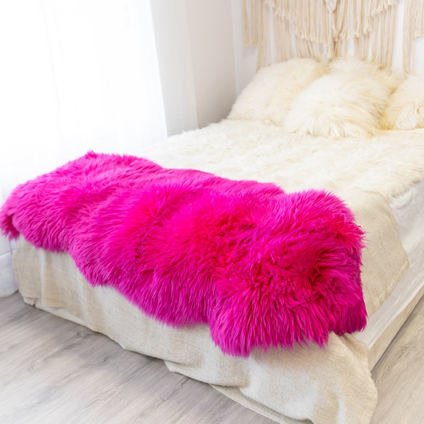 Double Pink Merino Sheepskin Rug | Long rug | Shaggy Rug | Chair Cover | Area Rug | Pink Rug | Carpet | Red Sheep skin Merino Pink Throw