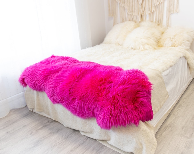 Double Pink Merino Sheepskin Rug | Long rug | Shaggy Rug | Chair Cover | Area Rug | Pink Rug | Carpet | Red Sheep skin Merino Pink Throw