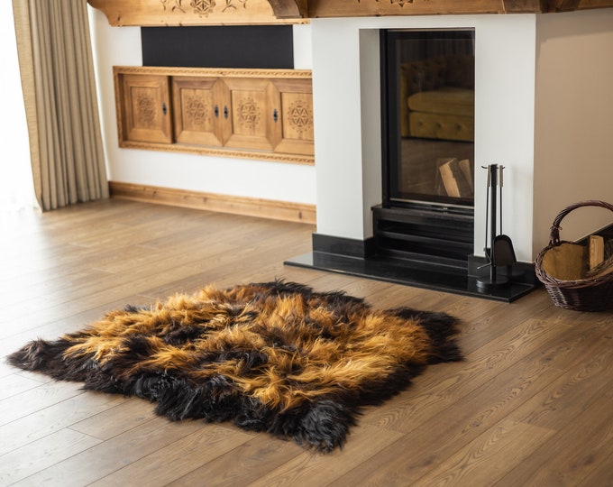 Triple Black Brown Sheepskin Rug | Long rug | Shaggy Rug | Chair Cover | Area Rug | Black Brown Rug | Carpet | Sheepskin Throw | Sheep Skin