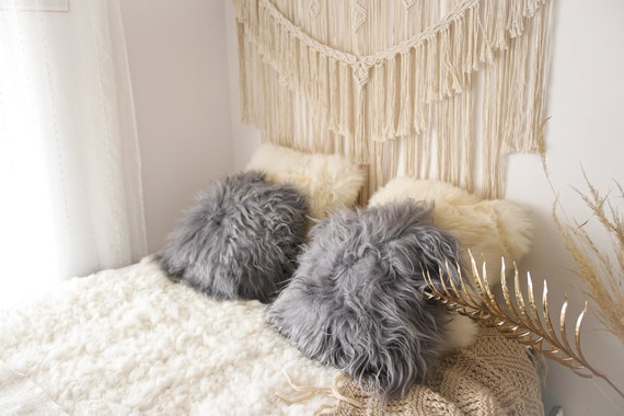 Sheepskin Fur Pillow, Real fur pillow, Gray fur pillow, Square sheepskin pillow, Grey pillow, scandinavian pillow, Both side fur