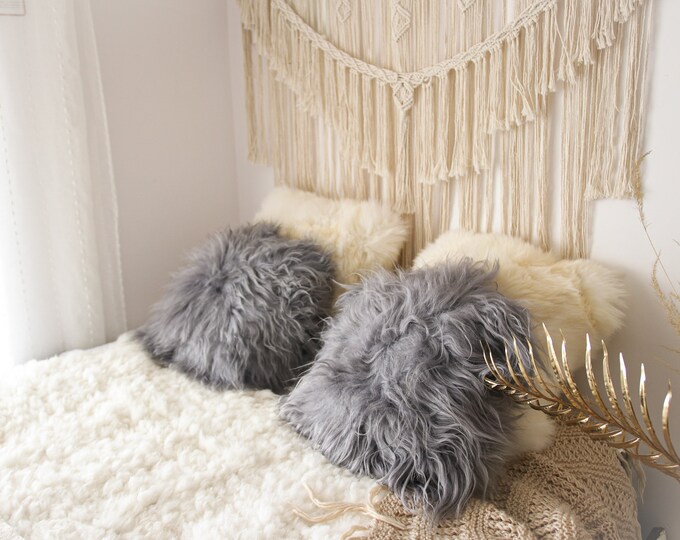 Sheepskin Fur Pillow, Real fur pillow, Gray fur pillow, Square sheepskin pillow, Grey pillow, scandinavian pillow, Both side fur