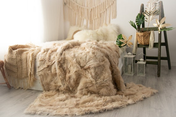Luxurious Toscana Sheepskin Real Fur Bed Spread Throw Real Fur Blanket Sheepskin throw Sofa Cover Luxury Blanket Comforter Sand #FU41