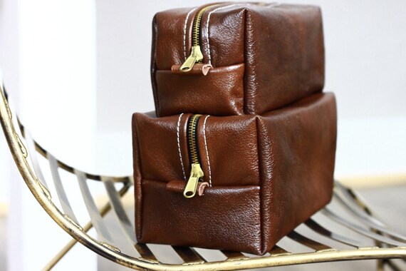 Handmade Men's Real Leather Toiletry Case Dopp Kit Shaving Bag OOAK Groomsmen 2 BAGS KIT Personalized