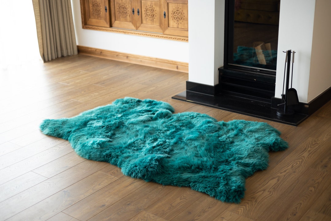 Triple Turquoise Blue Merino Sheepskin Rug | Long Rug | Shaggy Rug ...