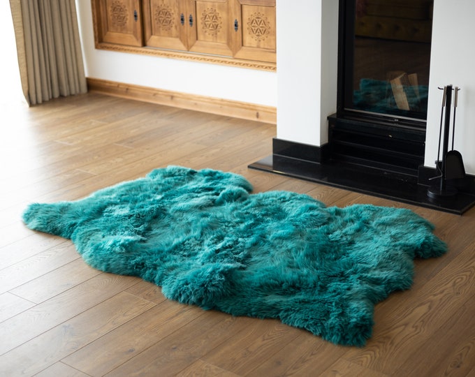 Triple Turquoise Blue Merino Sheepskin Rug | Long rug | Shaggy Rug | Chair Cover | Area Rug | Turquoise Rug | Carpet Turquoise Throw
