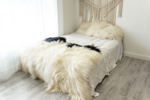 Triple Creamy White Black Sheepskin Rug | Long rug | Shaggy Rug | Chair Cover | Area Rug | Rug | Carpet | Black Throw | Sheep Skin 4POL12