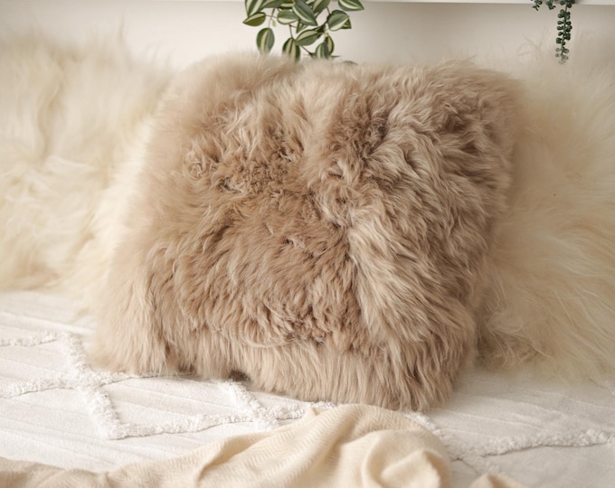 Beautiful Natural Cappuccino Color Real Sheepskin Decorative Cushion Both Side Fur Scandinavian Style