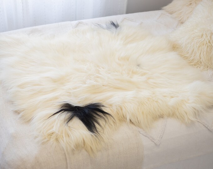 Double Icelandic Ivory Black Sheepskin Rug | Long rug | Shaggy Rug | Chair Cover | Area Rug | Double Rug | Icelandic Sheep skin #7POL7
