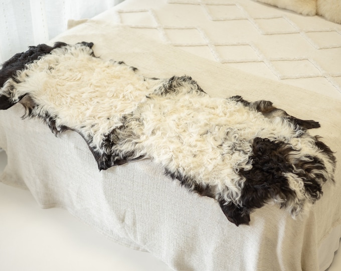 Double White Black Curly Sheepskin Rug | Long rug | Shaggy Rug | Chair Cover | Area Rug | Rug | Carpet | Sheepskin 7POL30