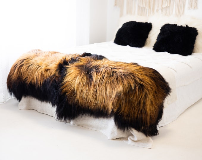 Double Icelandic Black Brown Sheepskin Rug | Long rug | Shaggy Rug | Chair Cover | Area Rug | Double Rug | Icelandic Sheep skin