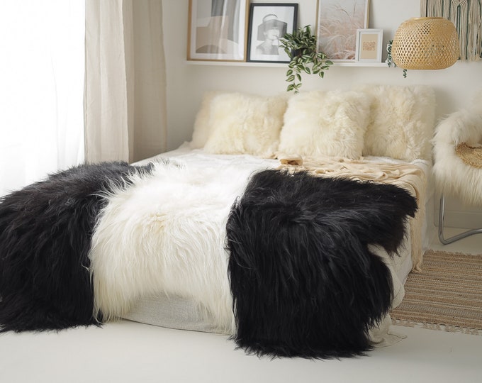 Triple Ivory Black Icelandic Sheepskin Rug | Long rug | Chair Cover | Area Rug | Ivory Black Rug Sheepskin Throw | Sheep Skin 24POL13