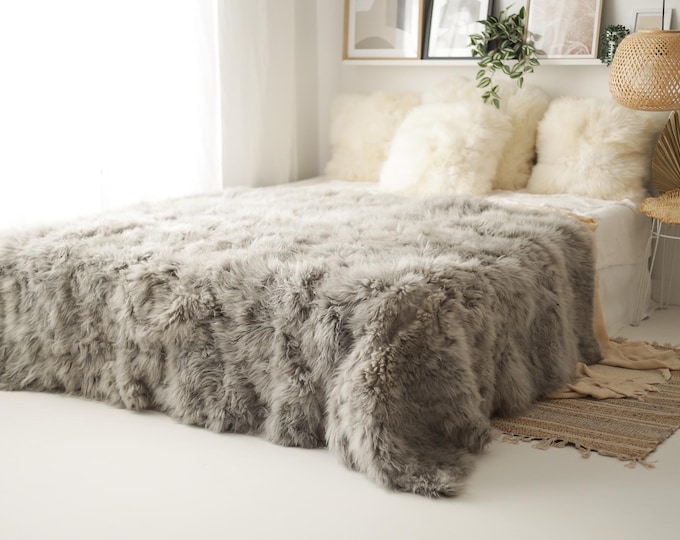 Luxurious Patchwork Toscana Sheepskin Rug Fur Throw | Real Fur Blanket | Sheepskin throw | Ash Gray Sheepskin Blanket Boho |MFU8