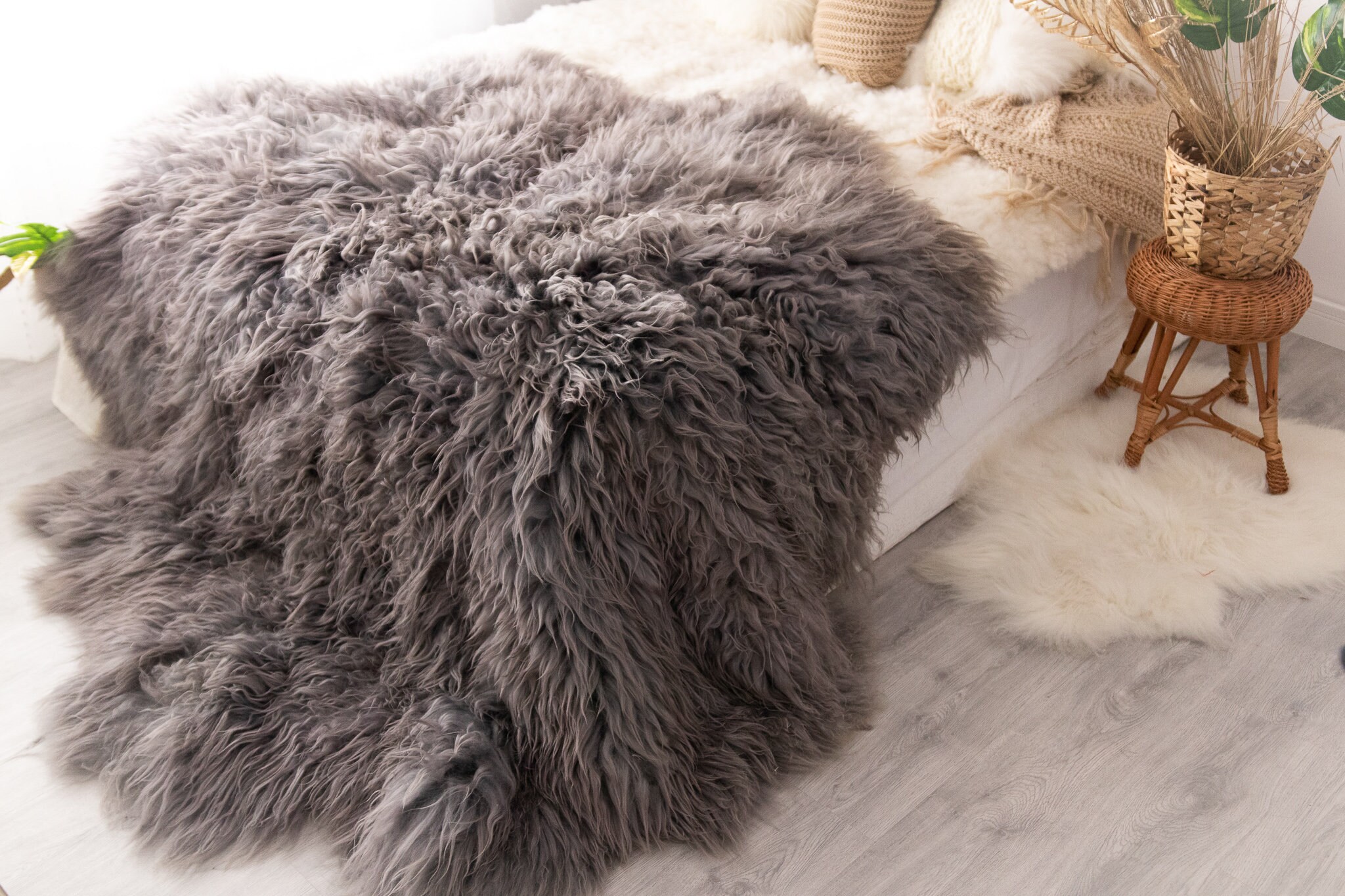 Luxurious Gray Sheepskin Real Fur Throw Real Fur Blanket Sheepskin