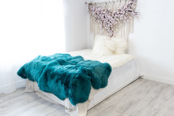 Quad Turquoise Blue Merino Sheepskin Rug | Long rug | Shaggy Rug | Chair Cover | Area Rug | Turquoise Rug | Carpet | Turquoise Throw