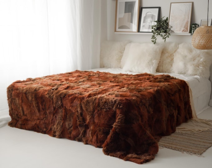 Luxurious Patchwork Toscana Sheepskin Rug Fur Throw | Real Fur Blanket | Sheepskin throw | Ginger color Sheepskin Blanket Boho |KFU4