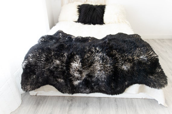 Triple Black White Mouflon Merino Sheepskin Rug | Long rug | Shaggy Rug | Chair Cover | Area Rug | Black Rug | Carpet | Black White Mouflon