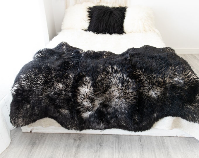Triple Black White Mouflon Merino Sheepskin Rug | Long rug | Shaggy Rug | Chair Cover | Area Rug | Black Rug | Carpet | Black White Mouflon
