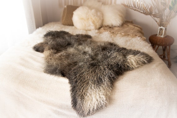 Real Sheepskin Rug Genuine Rare Gotland Sheepskin Rus - Curly Fur Rug Scandinavian Sheep skin - Gray Gold Sheepskin #KWAGOT2