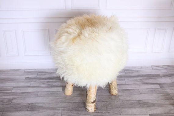 Wood Stool | Fur Stool | Sheepskin pouf | Sheepskin stool | Vanity Stool | Birch tree stool | White Beige stool