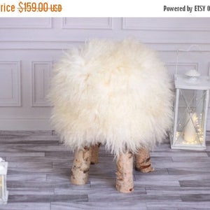 ON SALE Sheepskin stool | Birch Tree Stool | Wood Stool | Fur Stool | Dressing Stool | Wooden Stool | Scandinavian Stool