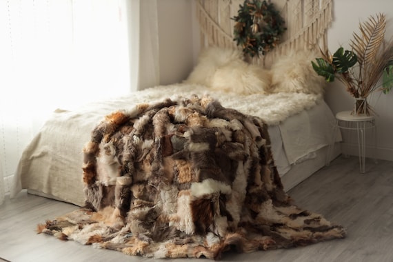 Luxurious Patchwork Toscana Sheepskin Real Fur Throw | Real Fur Blanket | Sheepskin throw | Boho Throw | 5fu6