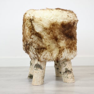 Wood Stool |  Fur Stool | Sheepskin pouf |Sheepskin stool | Vanity Stool | Birch tree stool | red fur stool